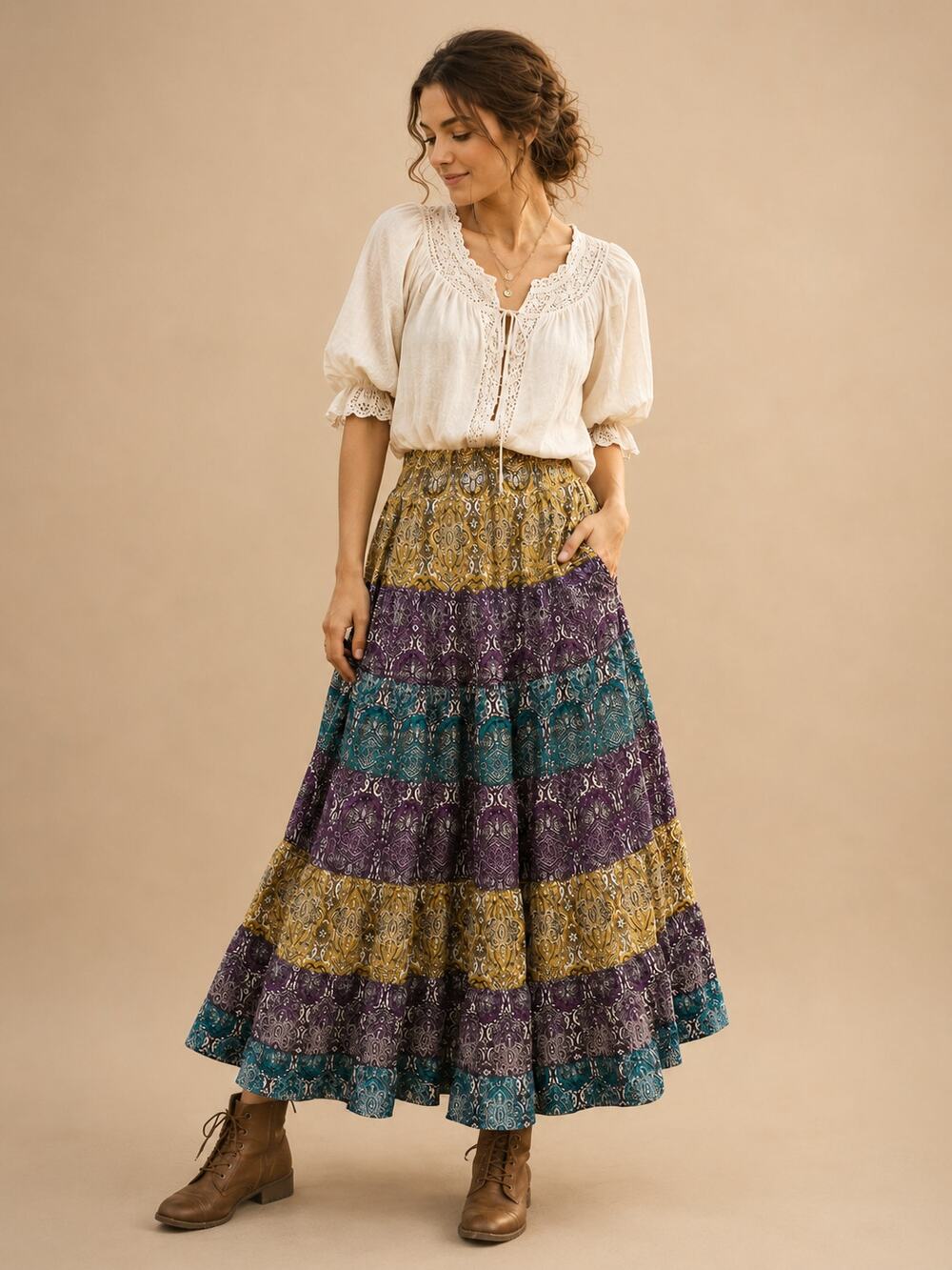 Boho Tiered Maxi Skirt Large Paisley Cottagecore with Pockets